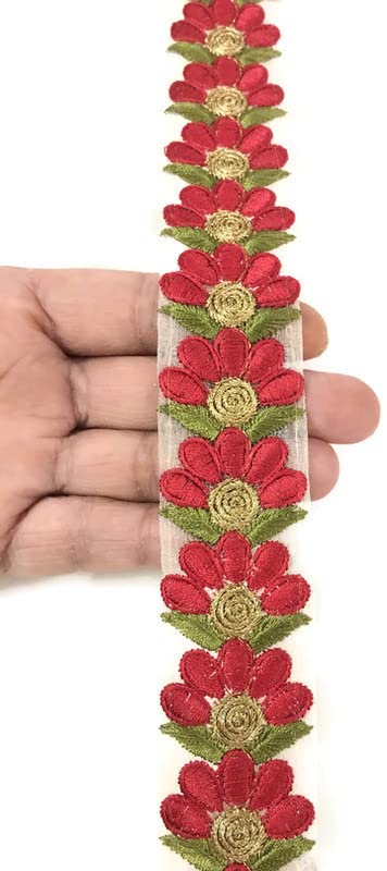 DaSync red Lace Border Materials Embroidered Embroidery Golden red lace Sari Floral Flower Saree Blouse Dress Gown Decoration 9 metre (Red) - Image 2
