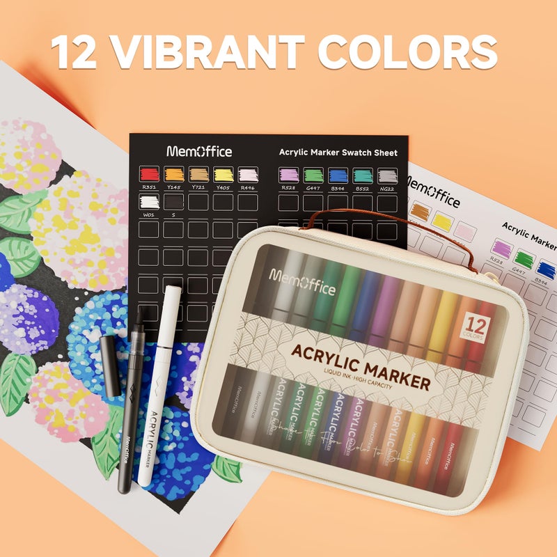 MemOffice Direct Liquid Acrylic Paint Markers, 12 Colors Brush Tip Pens with Carrying Case, No Bleed, Waterproof, for Rock, Wood, Canvas, Glass, Fabric, DIY Crafts for Adults - Image 5