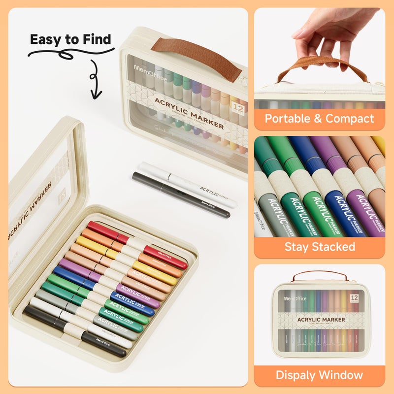 MemOffice Direct Liquid Acrylic Paint Markers, 12 Colors Brush Tip Pens with Carrying Case, No Bleed, Waterproof, for Rock, Wood, Canvas, Glass, Fabric, DIY Crafts for Adults - Image 3