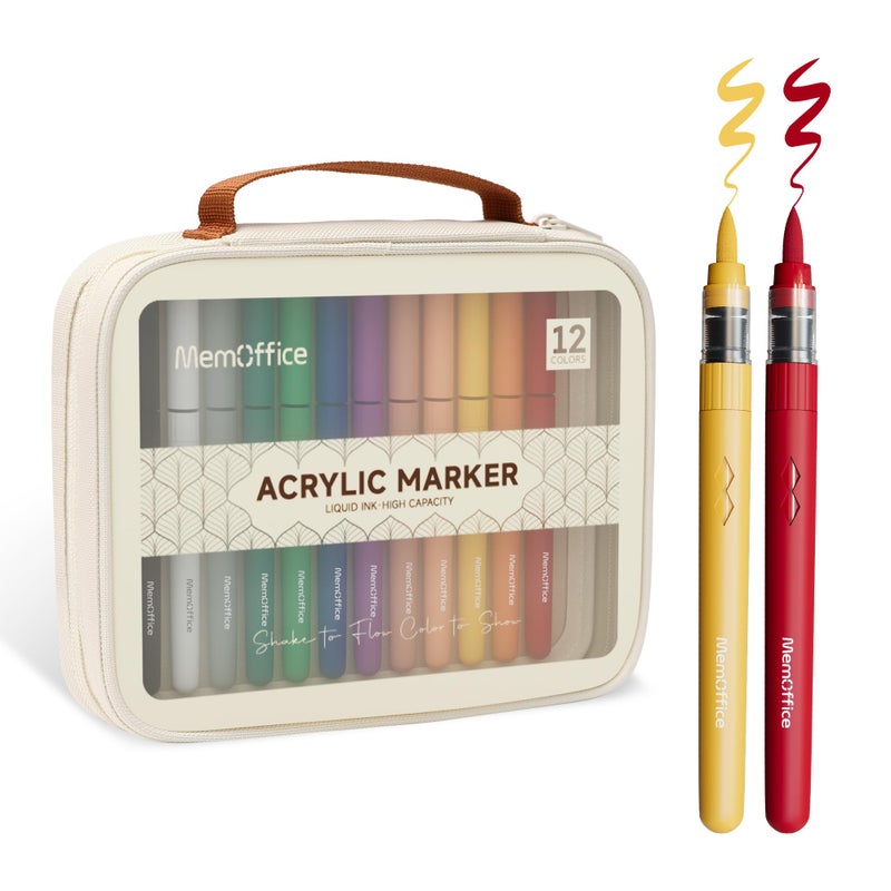 MemOffice Direct Liquid Acrylic Paint Markers, 12 Colors Brush Tip Pens with Carrying Case, No Bleed, Waterproof, for Rock, Wood, Canvas, Glass, Fabric, DIY Crafts for Adults - Image 1