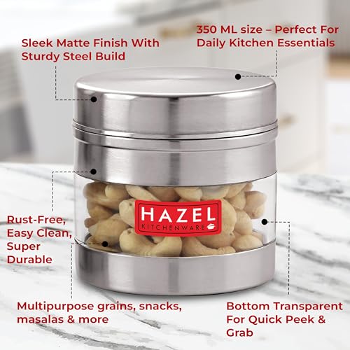 HAZEL Stainless Steel Masala Container | 350 ml Transparent Masala Boxes for Kitchen | See Through Small Container for Spices | Color Box with Matt Finish, Set of 6 - Image 3