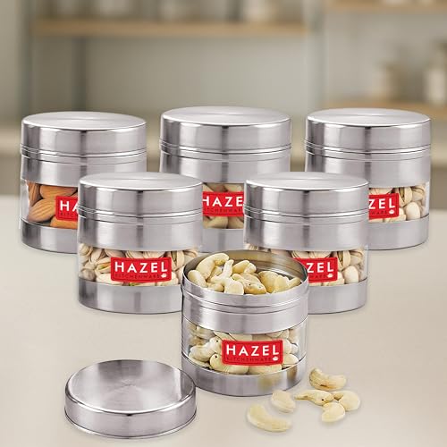 HAZEL Stainless Steel Masala Container | 350 ml Transparent Masala Boxes for Kitchen | See Through Small Container for Spices | Color Box with Matt Finish, Set of 6 - Image 1
