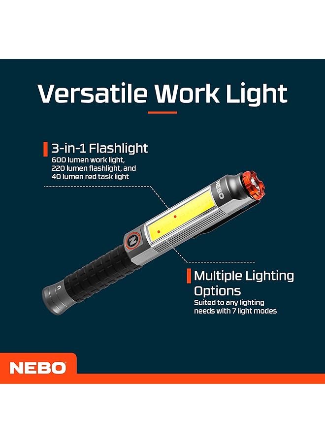 NEBO Big Larry 3 Work Light 600 Lumen Flashlight with COB Work Light Pocket Clip Magnetic Base for Hands Free Lighting Portable COB LED Dimmable Flashlight Hazard Light Red - Image 3