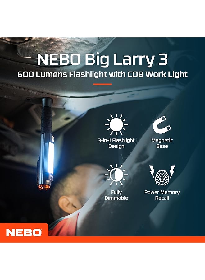 NEBO Big Larry 3 Work Light 600 Lumen Flashlight with COB Work Light Pocket Clip Magnetic Base for Hands Free Lighting Portable COB LED Dimmable Flashlight Hazard Light Red - Image 2