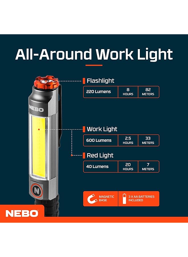 NEBO Big Larry 3 Work Light 600 Lumen Flashlight with COB Work Light Pocket Clip Magnetic Base for Hands Free Lighting Portable COB LED Dimmable Flashlight Hazard Light Red - Image 5