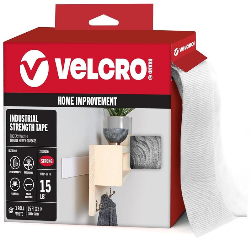 VELCRO Brand VELCRO Brand Industrial Strength Fasteners StickOn Adhesive Professional Grade Heavy Duty Strength Holds up to 10 lbs on Smooth Surfaces Indoor Outdoor Use 15ft x 2in Tape White
