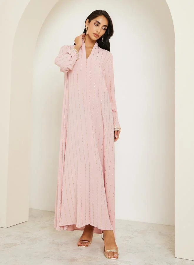 Amirah  Women Foil Print Jalabiya with Lace Sleeve for Women | Best Price UAE