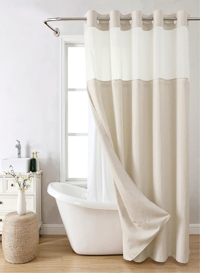 Eachope No Hooks Polyester Textured Shower Curtain with Snap-in Fabric Liner Set, Hotel Luxury Decor Shower Curtains for Bathroom with See Through Top Window, Waterproof & Washable, 71Wx74H, Cream - Image 1
