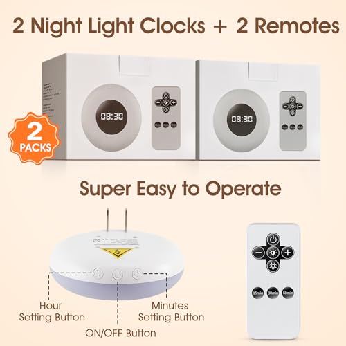 One Fire 【2 PACK】 Bathroom Clock,10 Levels Dimmable+3 Light Colors+Remote Shower Clock+Bathroom Night Light, 90 Lumen Shower Timer+Light Timer, Aora Night Light, Nightlight Plug in Night Lights for Wall Socket - Image 5