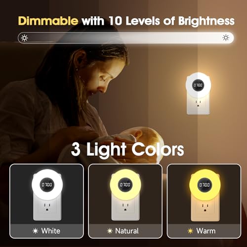 One Fire 【2 PACK】 Bathroom Clock,10 Levels Dimmable+3 Light Colors+Remote Shower Clock+Bathroom Night Light, 90 Lumen Shower Timer+Light Timer, Aora Night Light, Nightlight Plug in Night Lights for Wall Socket - Image 3