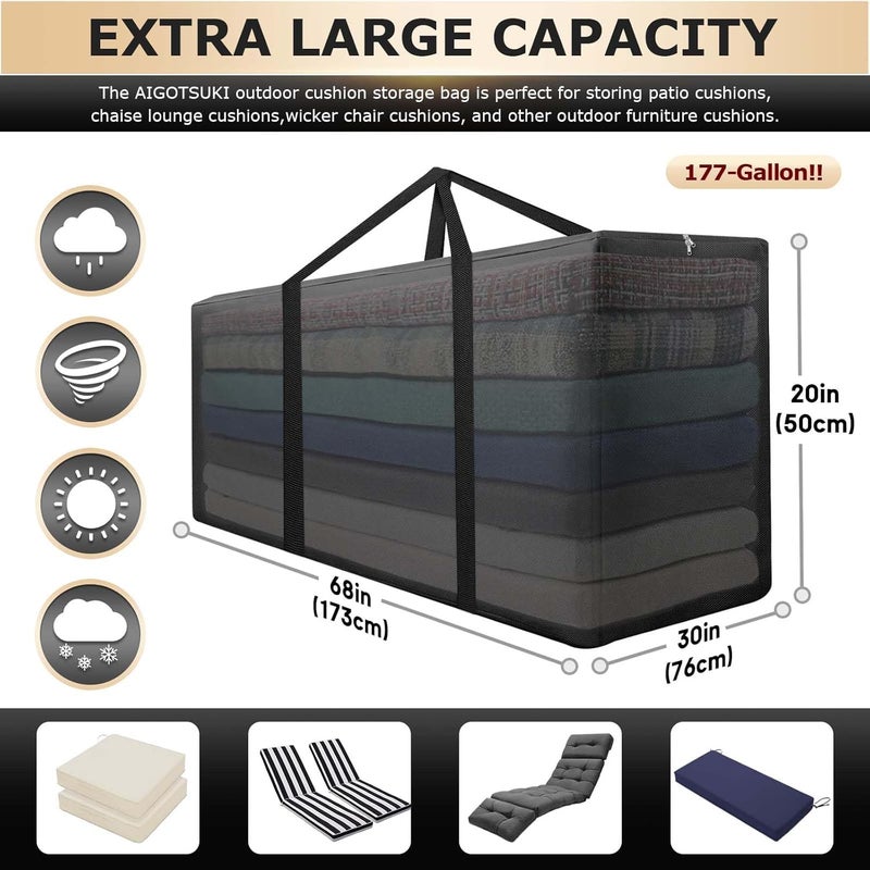 AIGOTSUKI Cushion Storage Bag Waterproof Outdoor Cushion Storage Bag 68" L x 30" W x 20" H Large Patio Cushion Storage Bag with Handle and Zipper - Image 2