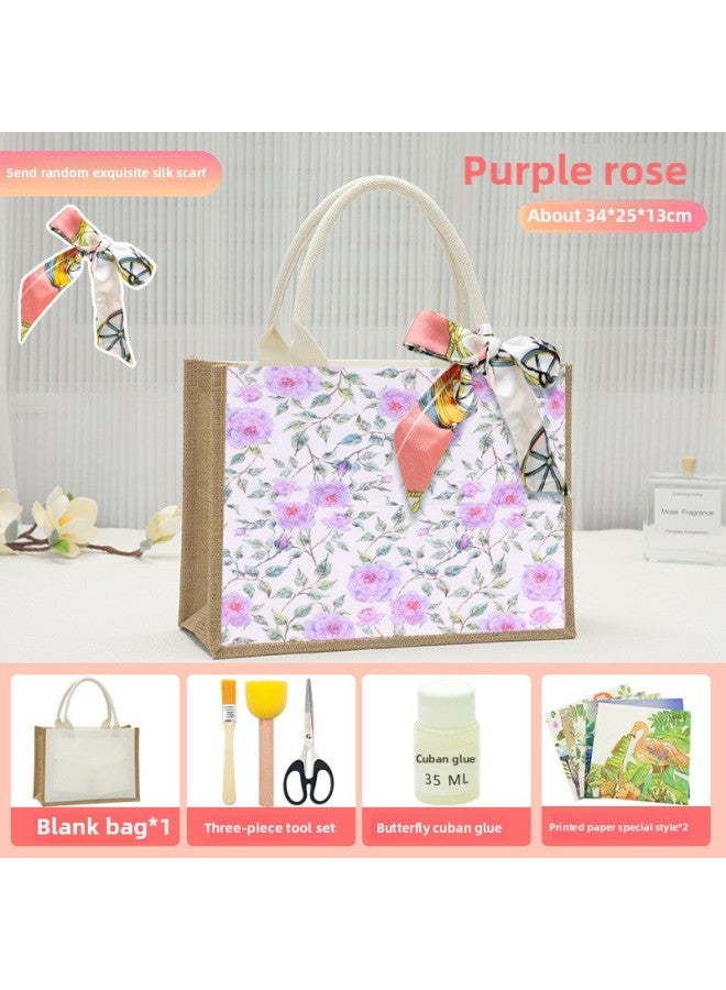 Thanksgiving Diy Handmade Butterfly Ancient Bart Canvas Tote Bag Sack Paste Group Building Parent-child Material Bag Warm-up Field-Color:Butterfly Cuban Purple Rose Material Pack + Large Burlap Bag Horizontal Style  - Image 1