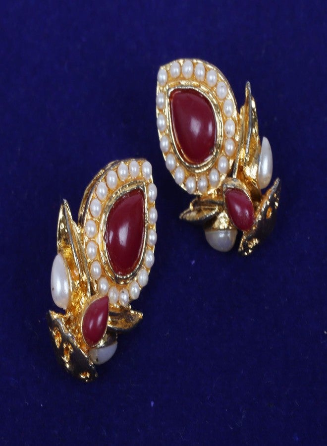 Touchstone Indian Bollywood Desire Traditional Indian Pear Shape Faux Ruby Red, Pearl Designer Jewelry Stud Earrings In Antique Gold Tone For Women. - Image 4