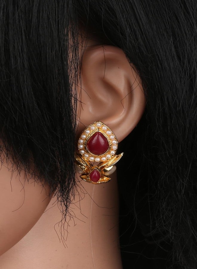 Touchstone Indian Bollywood Desire Traditional Indian Pear Shape Faux Ruby Red, Pearl Designer Jewelry Stud Earrings In Antique Gold Tone For Women. - Image 3