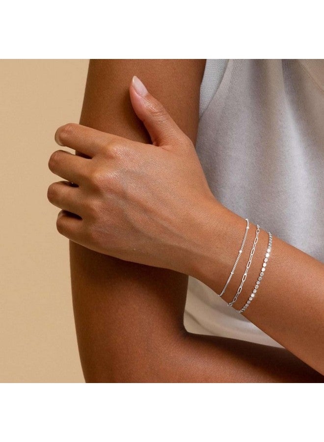 MBW Silver Bracelets For Women Trendy, Sterling Silver Dainty Bracelets For Women 14K Silver Chain Bracelet Stack Waterproof Jewelry Minimalist Simple Small Thin Bracelet Set For Women Teen Gift - Image 2