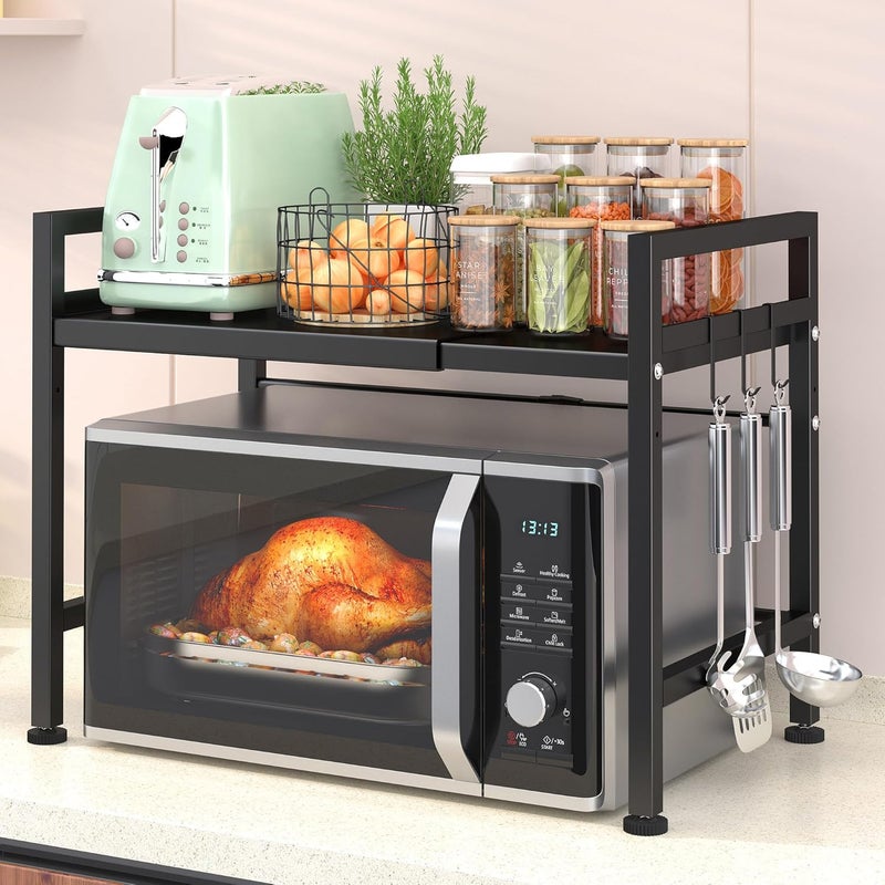 Pusdon Extendable Microwave Oven Rack, Adjustable Microwave/Toaster Shelf Heavy Duty Stand Kitchen Counter Top Organizer, 2 Tier with 3 Hooks, 160lbs Weight Capacity, Black - Image 5