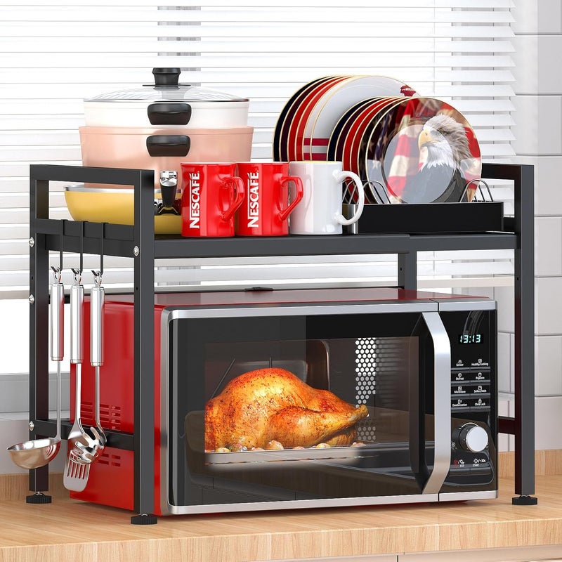 Pusdon Extendable Microwave Oven Rack, Adjustable Microwave/Toaster Shelf Heavy Duty Stand Kitchen Counter Top Organizer, 2 Tier with 3 Hooks, 160lbs Weight Capacity, Black - Image 1