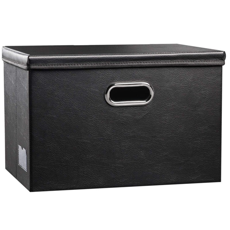 PRANDOM Large Collapsible Storage Bin with Lid 1Pack Leather Fabric Foldable Storage Box Organizer Containes Basket Cube with Cover for Home Bedroom Closet Office Nursery Black 177x118x118