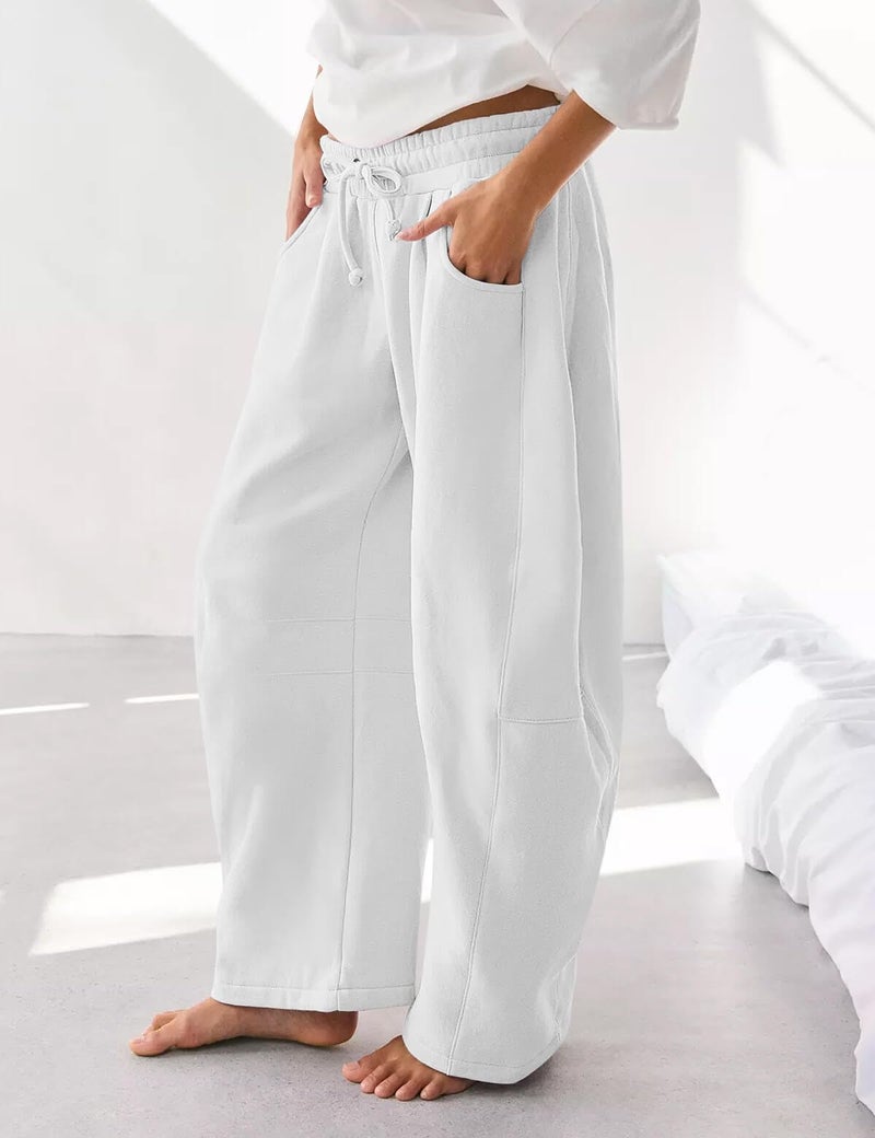 HeSaYep Women's Wide Leg Barrel Sweatpants Fleece Lined Baggy Sweat Pants Drawstring High Waisted Casual Pants Cotton Palazzo Trousers with Pockets White L - Image 4