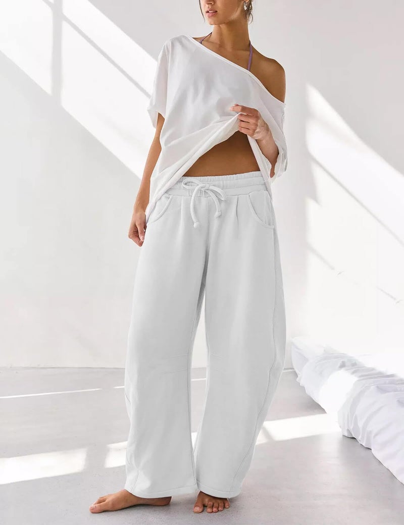 HeSaYep Women's Wide Leg Barrel Sweatpants Fleece Lined Baggy Sweat Pants Drawstring High Waisted Casual Pants Cotton Palazzo Trousers with Pockets White L - Image 5