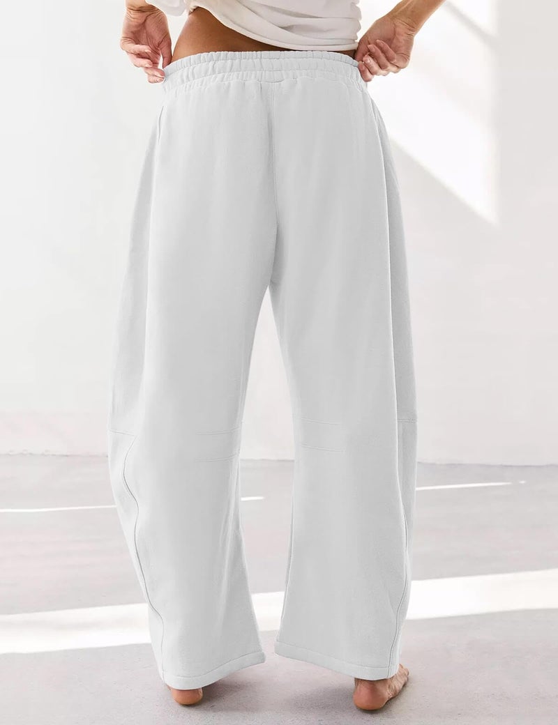 HeSaYep Women's Wide Leg Barrel Sweatpants Fleece Lined Baggy Sweat Pants Drawstring High Waisted Casual Pants Cotton Palazzo Trousers with Pockets White L - Image 2