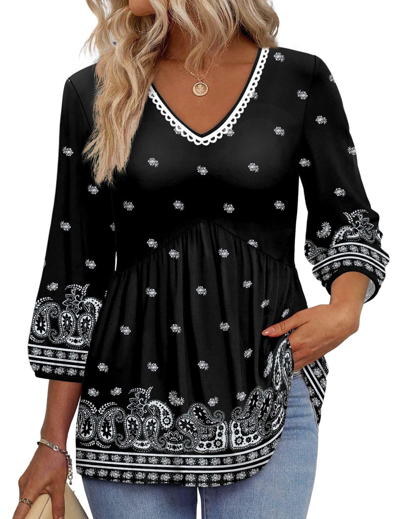 OFEEFAN Plus Size 3/4 Sleeve Tops for Women Spring Tops Fashion Clothing Beach Vacation Clothes Blouses for Women Dressy Casual Summer Cruise Outfits Western Outfits Boho Black 2XL - Image 1