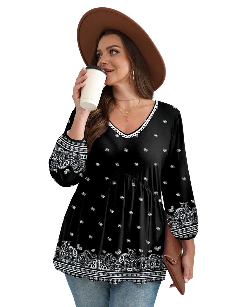 OFEEFAN Plus Size 3/4 Sleeve Tops for Women Spring Tops Fashion Clothing Beach Vacation Clothes Blouses for Women Dressy Casual Summer Cruise Outfits Western Outfits Boho Black 2XL - Image 4