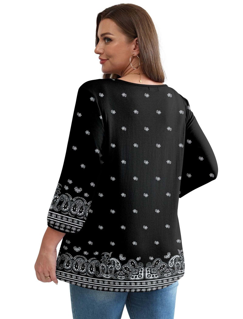OFEEFAN Plus Size 3/4 Sleeve Tops for Women Spring Tops Fashion Clothing Beach Vacation Clothes Blouses for Women Dressy Casual Summer Cruise Outfits Western Outfits Boho Black 2XL - Image 5