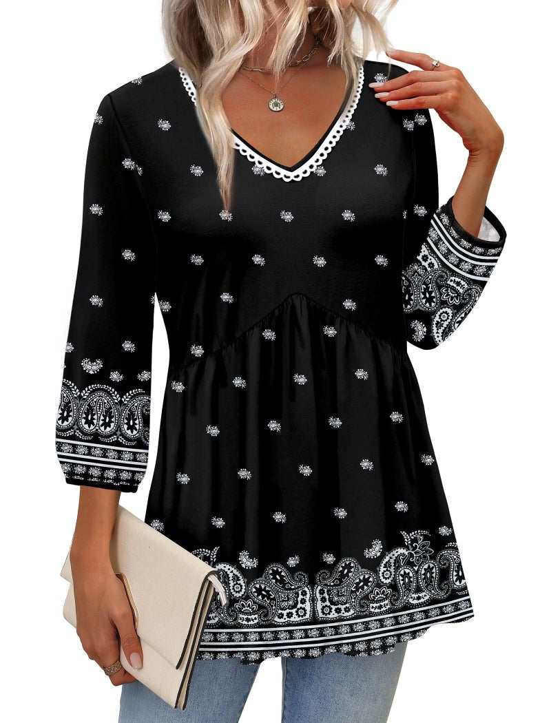 OFEEFAN Plus Size 3/4 Sleeve Tops for Women Spring Tops Fashion Clothing Beach Vacation Clothes Blouses for Women Dressy Casual Summer Cruise Outfits Western Outfits Boho Black 2XL - Image 2