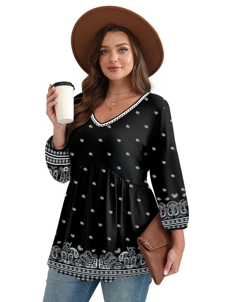 OFEEFAN Plus Size 3/4 Sleeve Tops for Women Spring Tops Fashion Clothing Beach Vacation Clothes Blouses for Women Dressy Casual Summer Cruise Outfits Western Outfits Boho Black 2XL - Image 3
