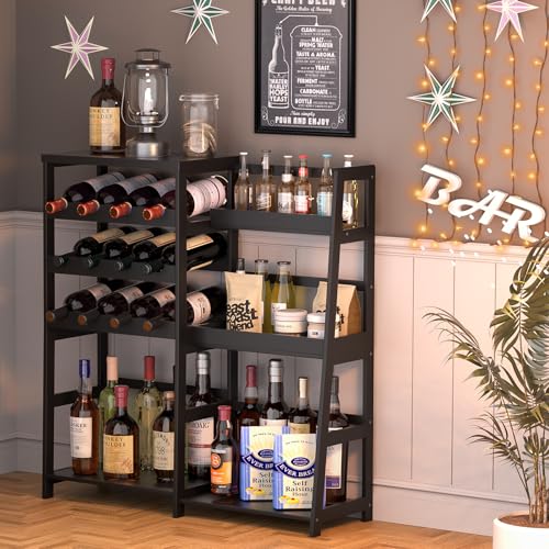 VASMIA Versatile Liquor Stand for Home Bar, Wine Rack Freestanding Floor, Mini Bar Table with Bamboo Trapezoidal Liquor Bottle Display Shelf Cabinet for Living Room, Black - Image 3