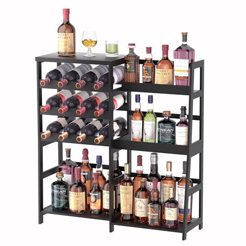 VASMIA Versatile Liquor Stand for Home Bar, Wine Rack Freestanding Floor, Mini Bar Table with Bamboo Trapezoidal Liquor Bottle Display Shelf Cabinet for Living Room, Black - Image 1