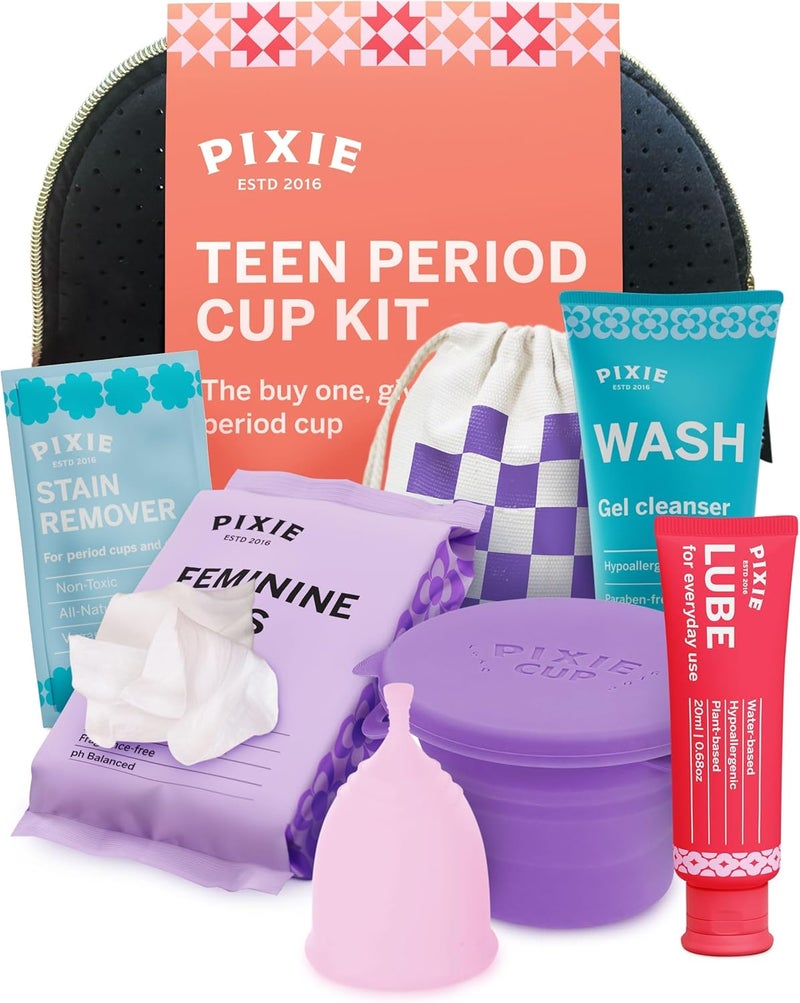 Pixie Cup Teen Menstrual Cup Kit - Best First Period Cup Starter Kit - Wash, 20 Wipes, Lube, Public Restroom Carry Cup & Storage Bag - Proven to Be What You Need to Become A Successful Cup User - Image 1
