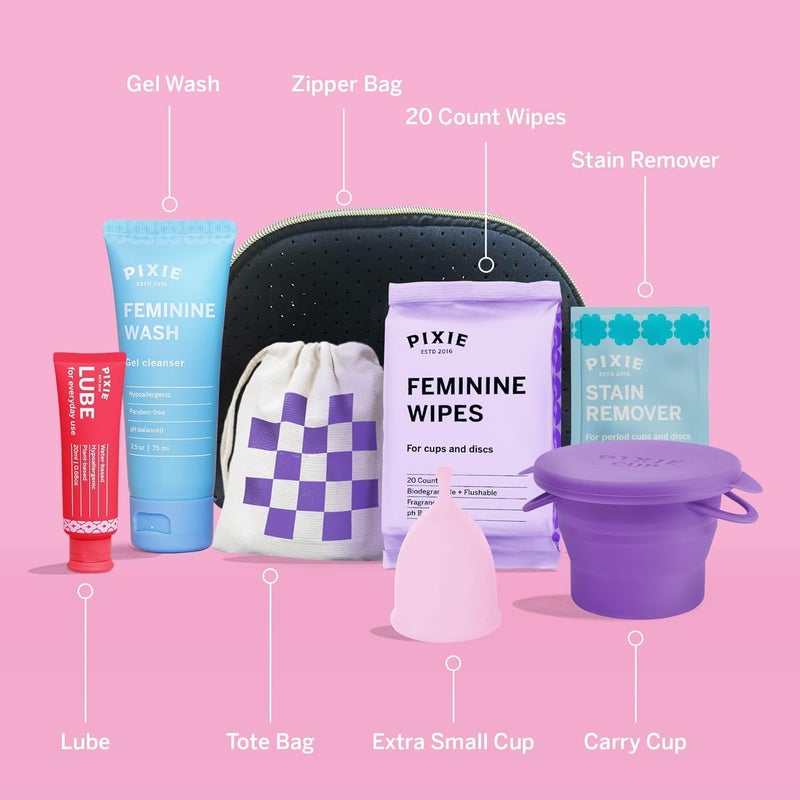 Pixie Cup Teen Menstrual Cup Kit - Best First Period Cup Starter Kit - Wash, 20 Wipes, Lube, Public Restroom Carry Cup & Storage Bag - Proven to Be What You Need to Become A Successful Cup User - Image 2