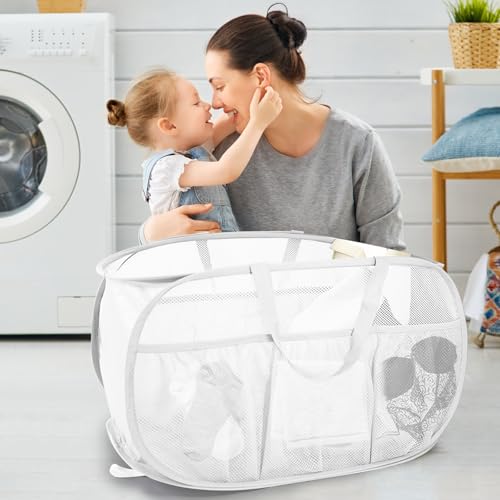 BATTOO 2 Pack Collapsible Laundry Baskets Upgrade Pop Up Laundry Hamper with Convenient Bags Foldable Laundry Basket Mesh Light Weight Easy to Carry Clothes Hampers for Laundry Dorm Toys Travel White - Image 3