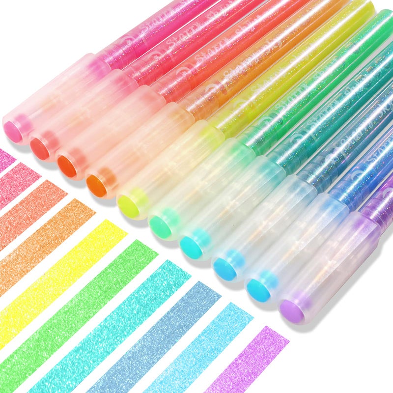 HANKU Glitter Highlighters Assorted Colors, 10-Count Chisel Tip Sparkle Highlighters, No Bleed Pastel Highlighter Marker Pens for Adult Coloring book Bible Journaling - Image 1