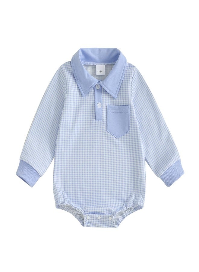 FOCUSNORM Newborn Baby Boy Fall Clothes Long Sleeve Romper Onesie Lapel Collar Plaid Bodysuit Infant Boy Winter Outfit (Blue, 0-3 Months) - Image 1