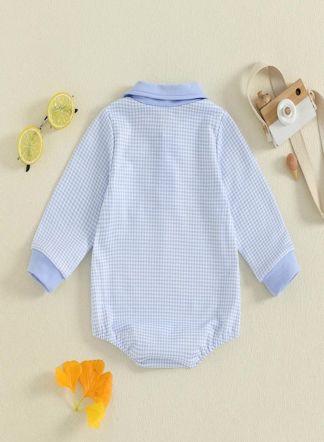FOCUSNORM Newborn Baby Boy Fall Clothes Long Sleeve Romper Onesie Lapel Collar Plaid Bodysuit Infant Boy Winter Outfit (Blue, 0-3 Months) - Image 5