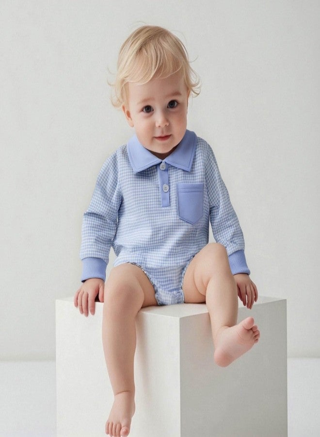 FOCUSNORM Newborn Baby Boy Fall Clothes Long Sleeve Romper Onesie Lapel Collar Plaid Bodysuit Infant Boy Winter Outfit (Blue, 0-3 Months) - Image 2