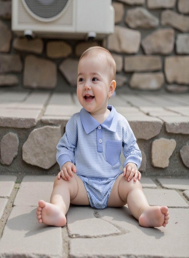 FOCUSNORM Newborn Baby Boy Fall Clothes Long Sleeve Romper Onesie Lapel Collar Plaid Bodysuit Infant Boy Winter Outfit (Blue, 0-3 Months) - Image 3