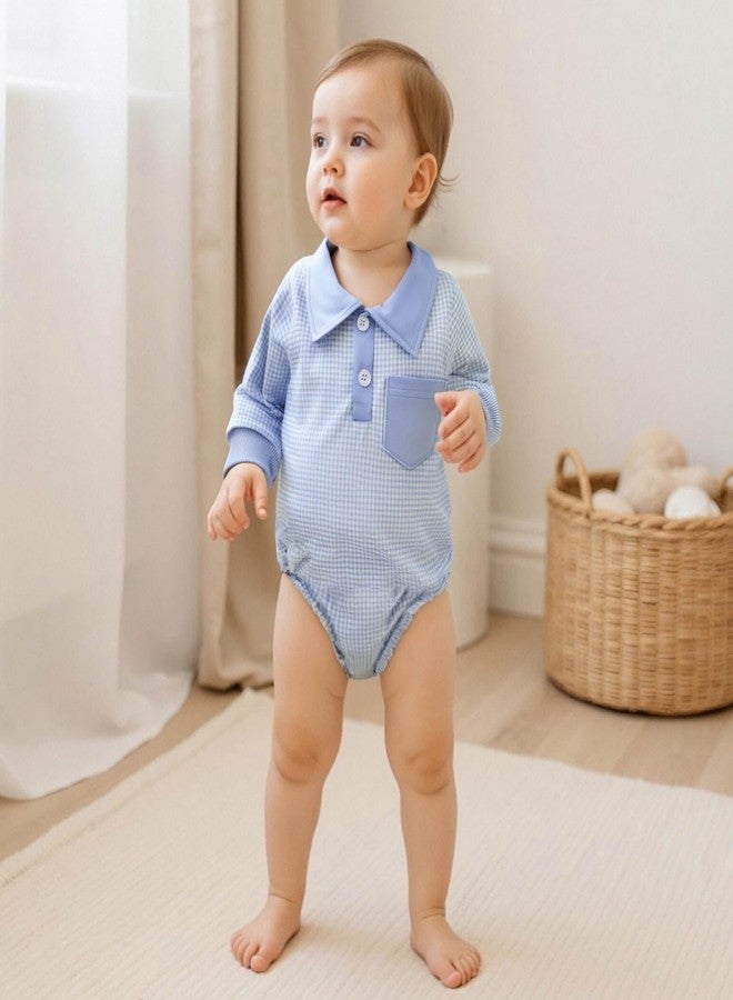 FOCUSNORM Newborn Baby Boy Fall Clothes Long Sleeve Romper Onesie Lapel Collar Plaid Bodysuit Infant Boy Winter Outfit (Blue, 0-3 Months) - Image 4