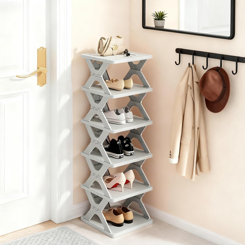 RILUKICH Shoe Rack, Collapsible Kids Shoe Rack, 6-Tier Small Foldable Shoe Organizer for Entryway, Dorm, Bedroom (Grey-x) - Image 1