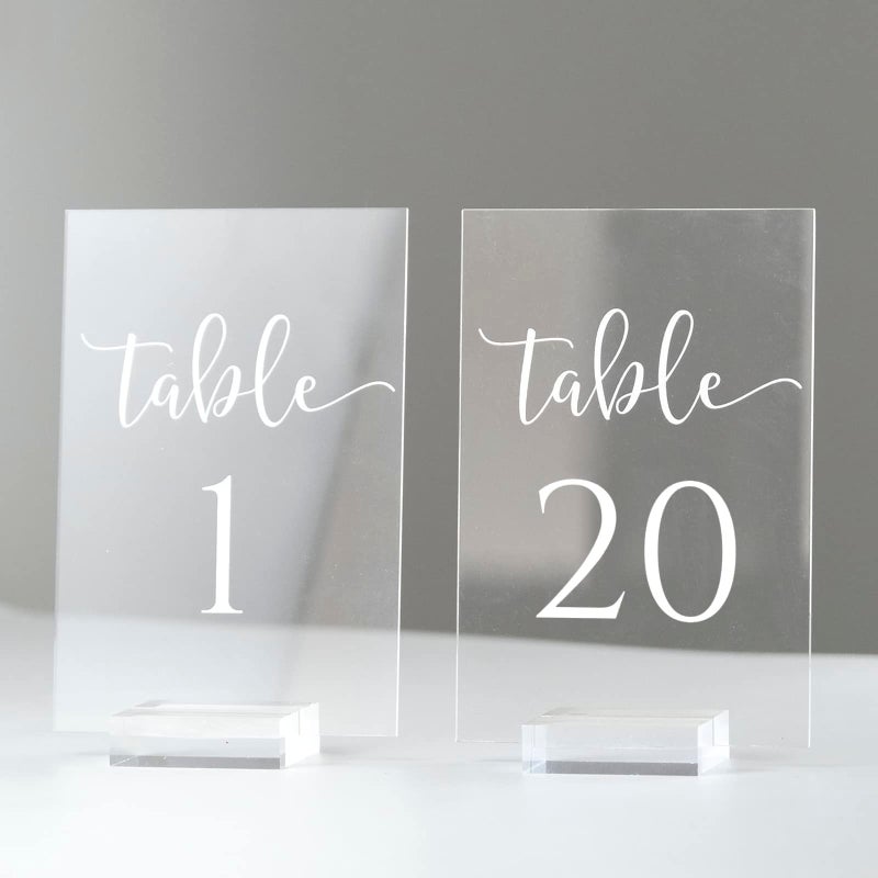 JINMURY Clear Acrylic Wedding Table Numbers 120 with Stand 20 Pack 4x6 Inch Acrylic Clear Table Number Signs Printed Calligraphy Font for Wedding Event Party