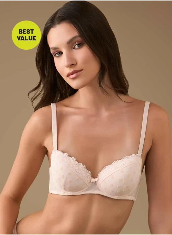 FAV Mesh Textured Bra with Hook and Eye Closure and Lace Detail