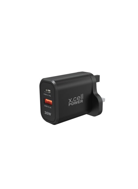 Xcell 30W Dual Port Fast Charger | USB-C PD + USB-A Output | Universal Compatibility | Over-Charge & Heat Protection | Compact Charger for iPhone, Samsung, iPad, Laptops | High-Speed Charging – Black