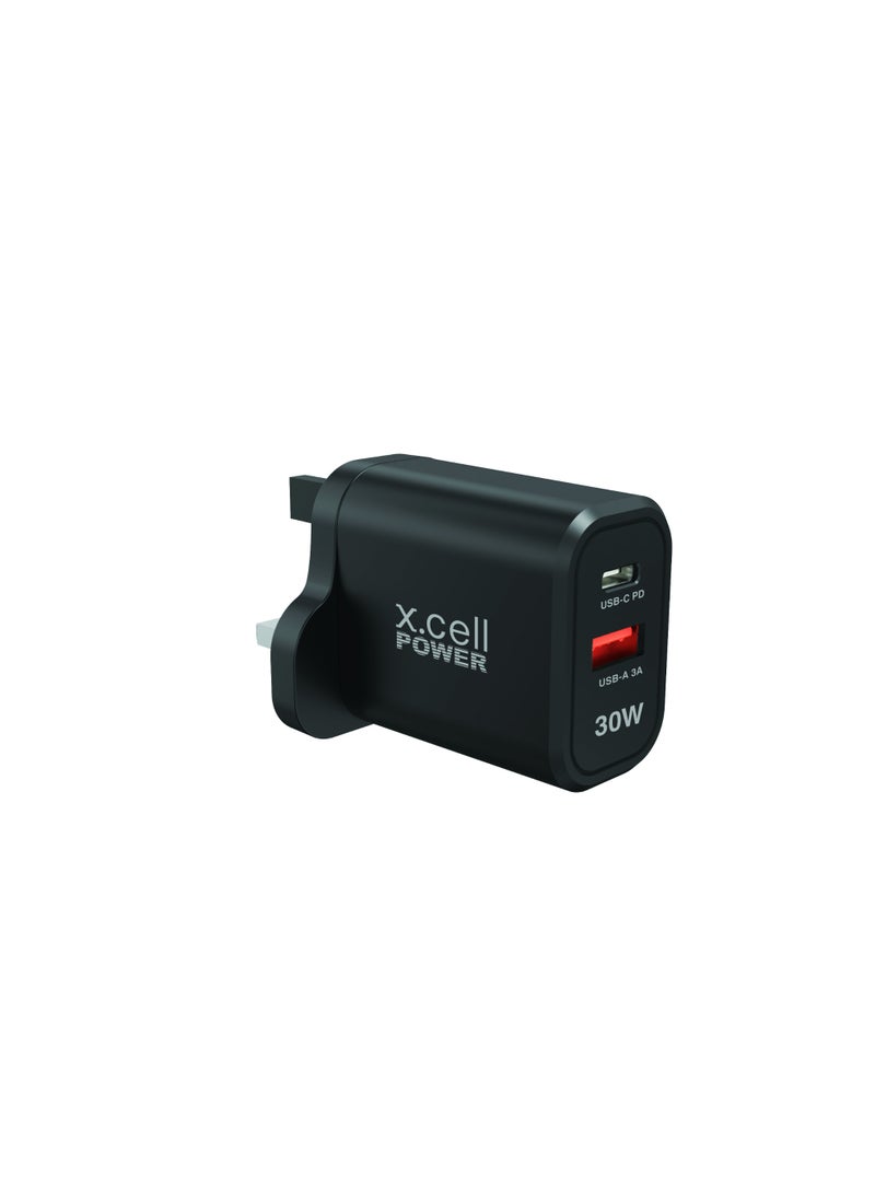 Xcell Xcell 30W Dual Port Fast Charger | USB-C PD + USB-A Output | Universal Compatibility | Over-Charge & Heat Protection | Compact Charger for iPhone, Samsung, iPad, Laptops | High-Speed Charging – Black  - Image 2