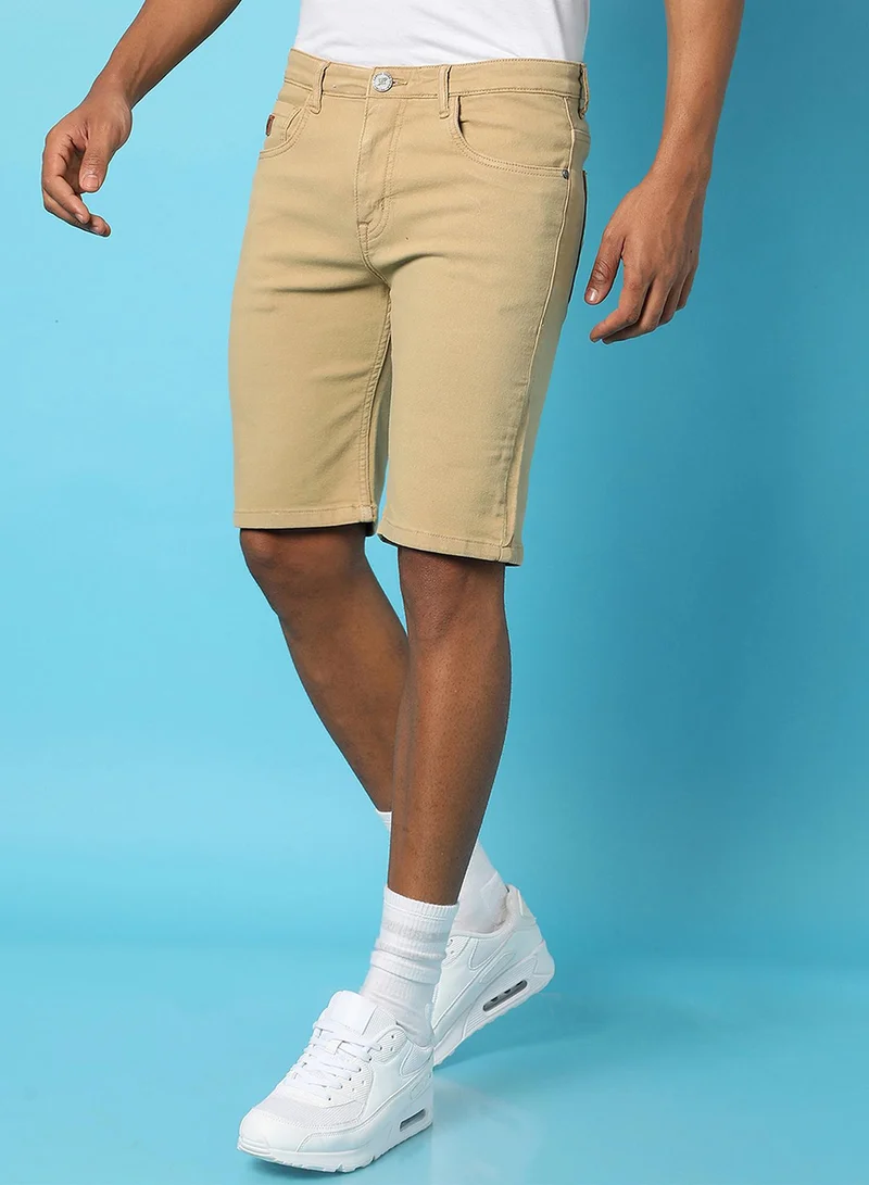 Men's Khaki Beige Solid Denim Shorts