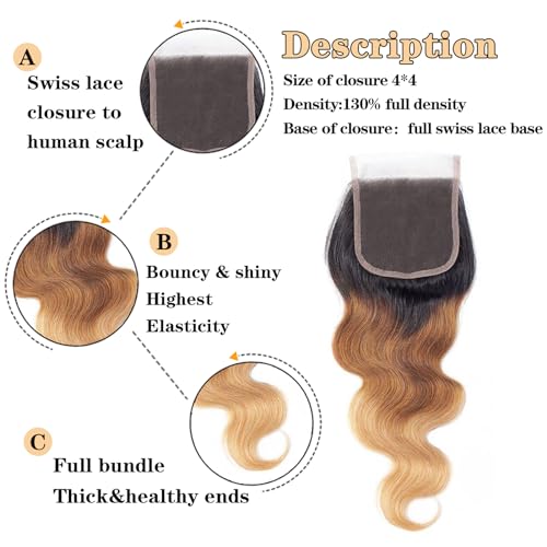 ROYAL IMPRESSION 12A Ombre Bundles with Closure Human Hair (20 22 24+16") Brazilian Ombre Body Wave Human Hair Weave Bundles with Closure 100% Unprocessed Virgin Body Wave 3 Bundles with Lace Closure - Image 3
