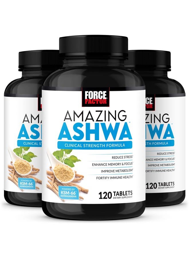 Force Factor Amazing Ashwa, KSM-66 Ashwagandha Supplement for Stress Relief, Focus, Memory, Immune Support, With Vitamins, Minerals & Antioxidants, Cortisol Supplements for Women, 360 Tablets (3-Pack) - Image 1