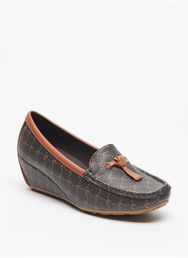 Le Confort - Women's All-Over Monogram Print Slip-On Shoes with Wedge Heels - Image 1